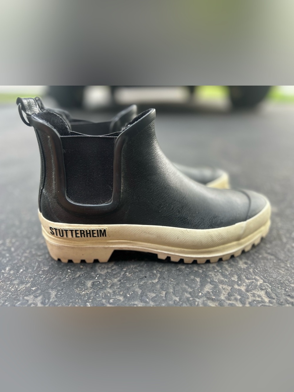 Stutterheim Black Chelsea Rain Ankle Boots with Cream Sole